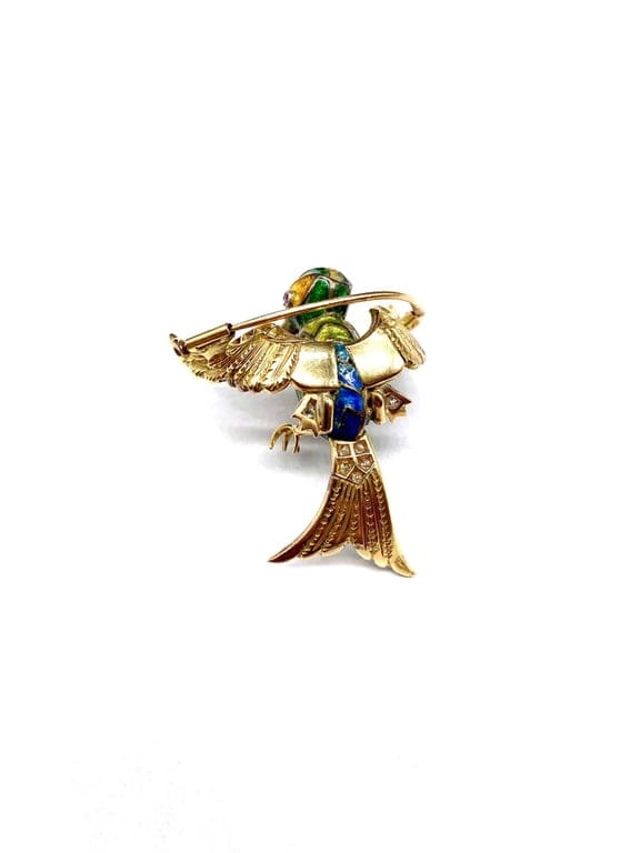 18K yellow gold bird brooch and platinum, diamonds, rubies, enamel  - Image 4