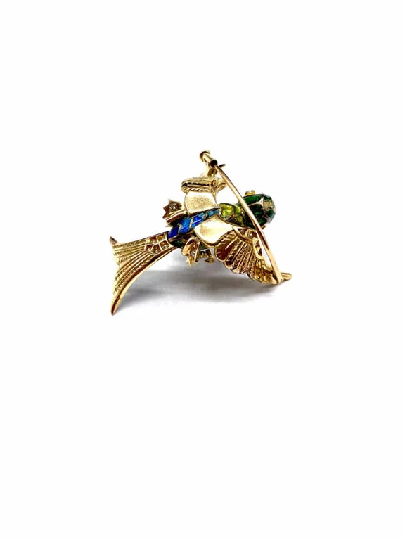 18K yellow gold bird brooch and platinum, diamonds, rubies, enamel  - Image 5