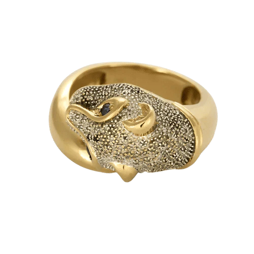 Feline ring in yellow gold, diamonds, sapphires