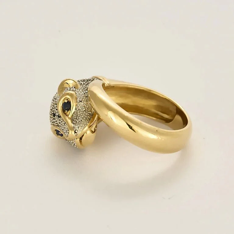 Feline ring in yellow gold, diamonds, sapphires - Image 4