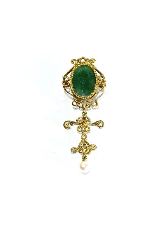Gold, Jade and Pearl Pendant Brooch