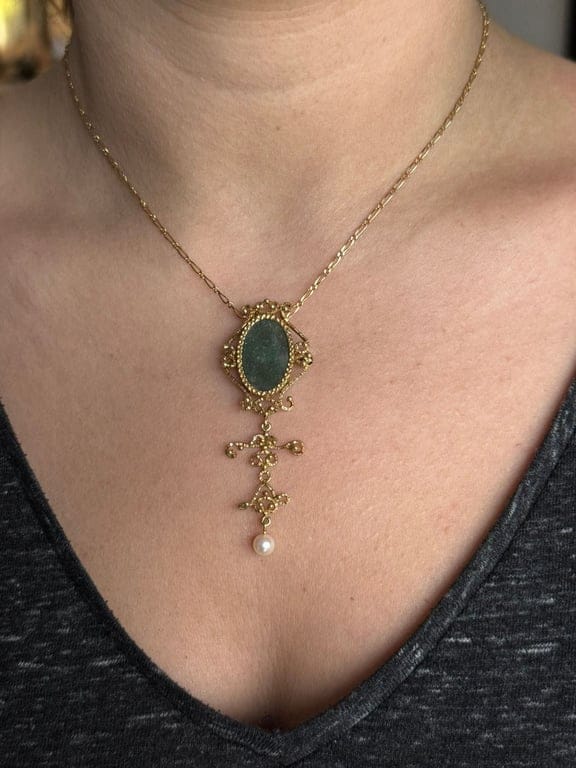 Gold, Jade and Pearl Pendant Brooch - Image 2