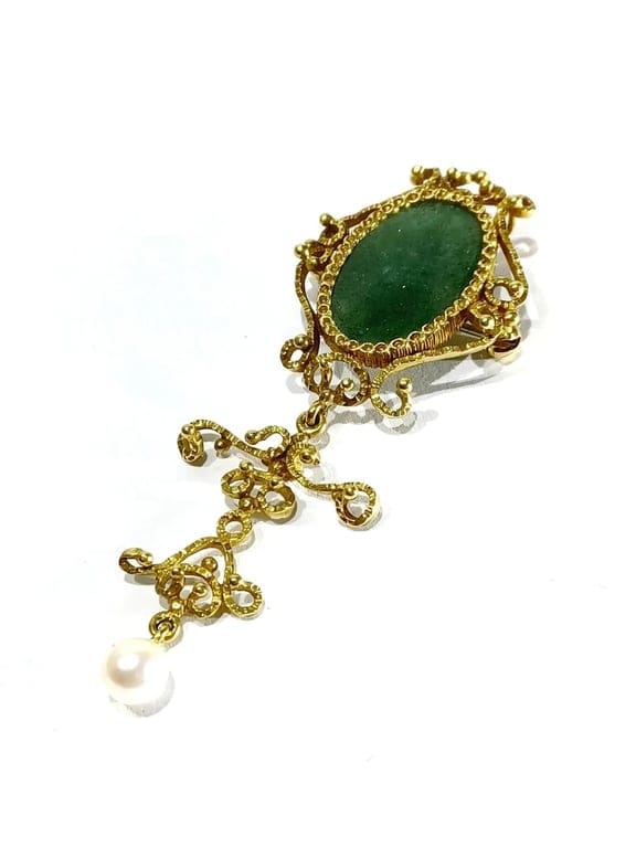 Gold, Jade and Pearl Pendant Brooch - Image 6