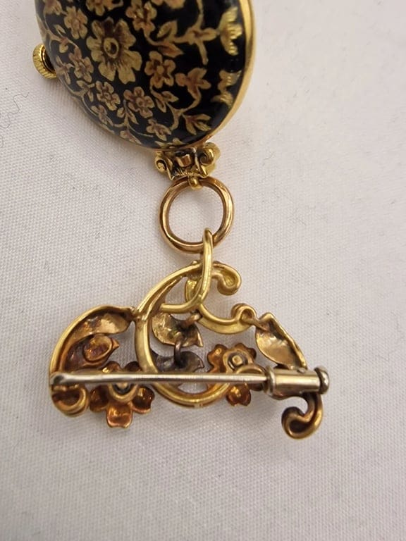 Baume & Mercier - 18k yellow gold enamel watch brooch - Image 6