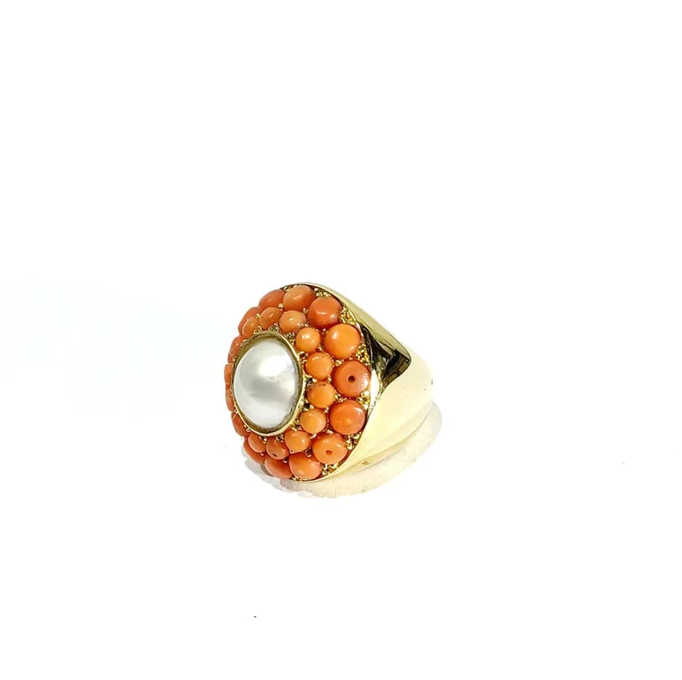 Coral pearl ring with central pearl in 18-carat yellow gold - Image 6