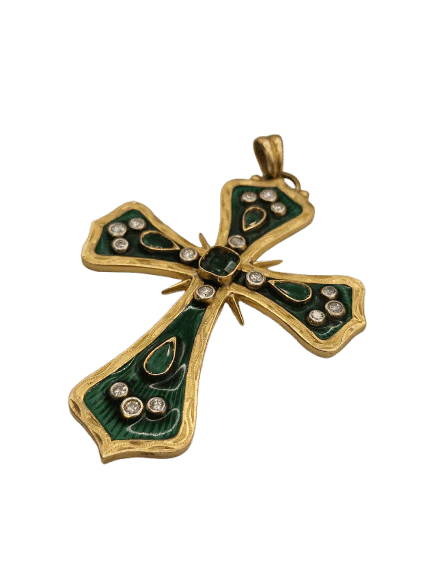 Vintage yellow gold cross pendant with diamonds, emeralds 