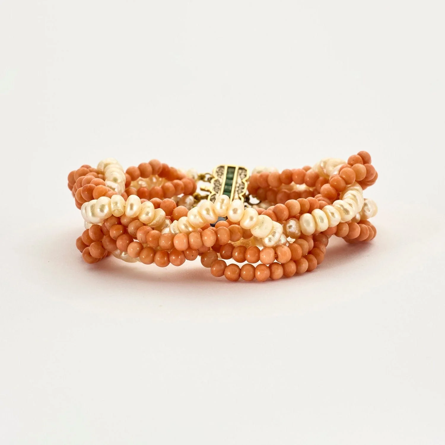 Yellow gold bracelet with baroque pearls, coral, emeralds and diamonds - Image 5