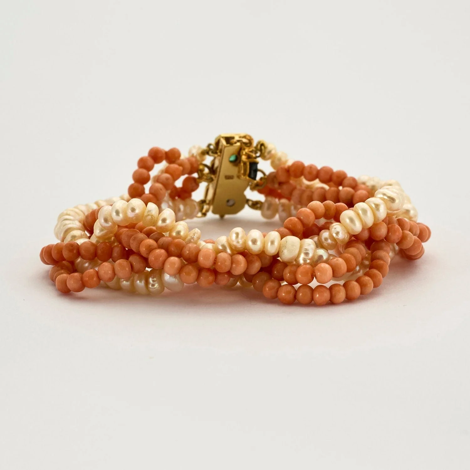 Yellow gold bracelet with baroque pearls, coral, emeralds and diamonds - Image 7