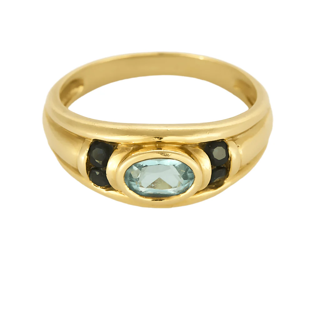 Yellow gold band ring, topaz and sapphires