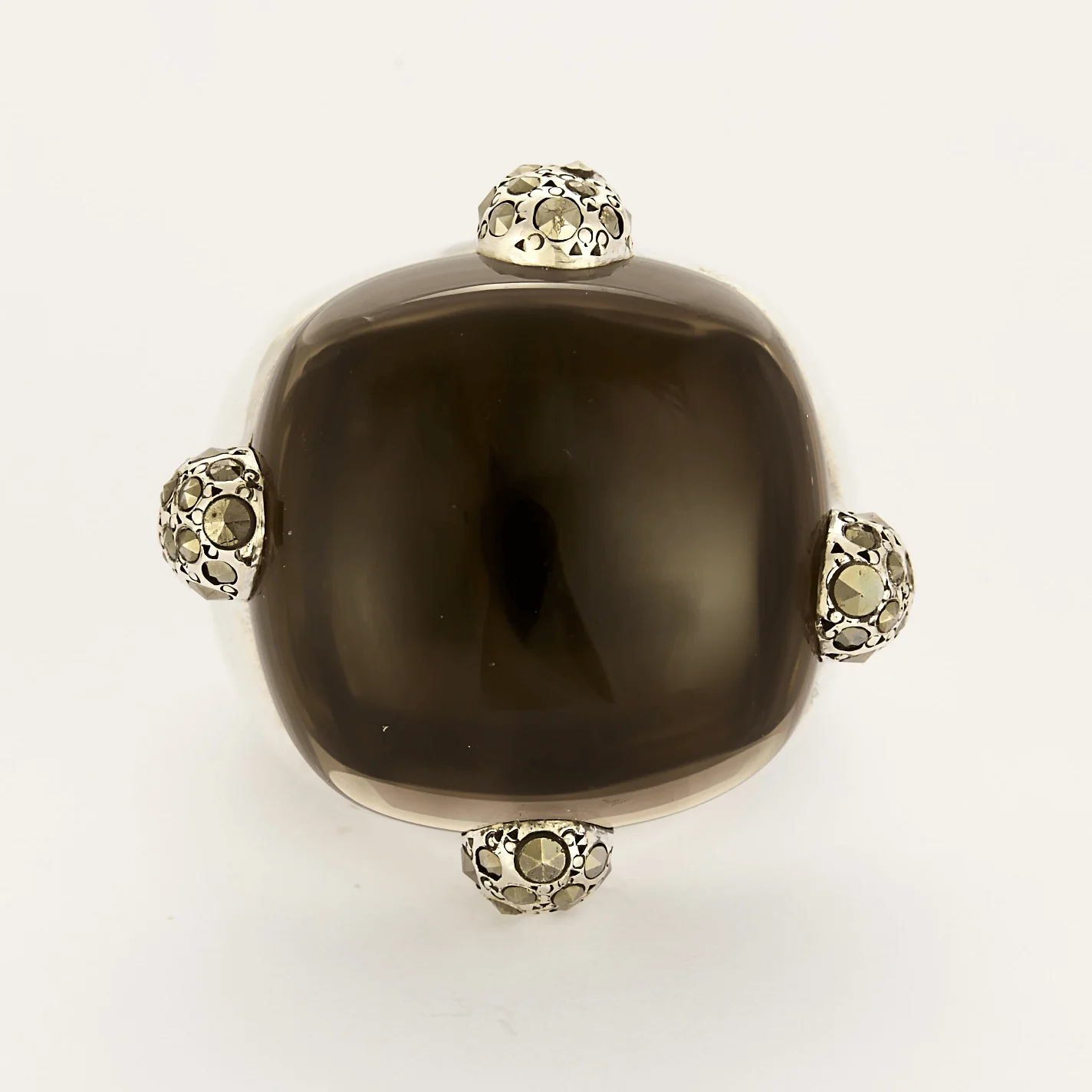 Pomellato - collection "Pomellato 67 - Large ring in silver, smoky quartz and marcasites