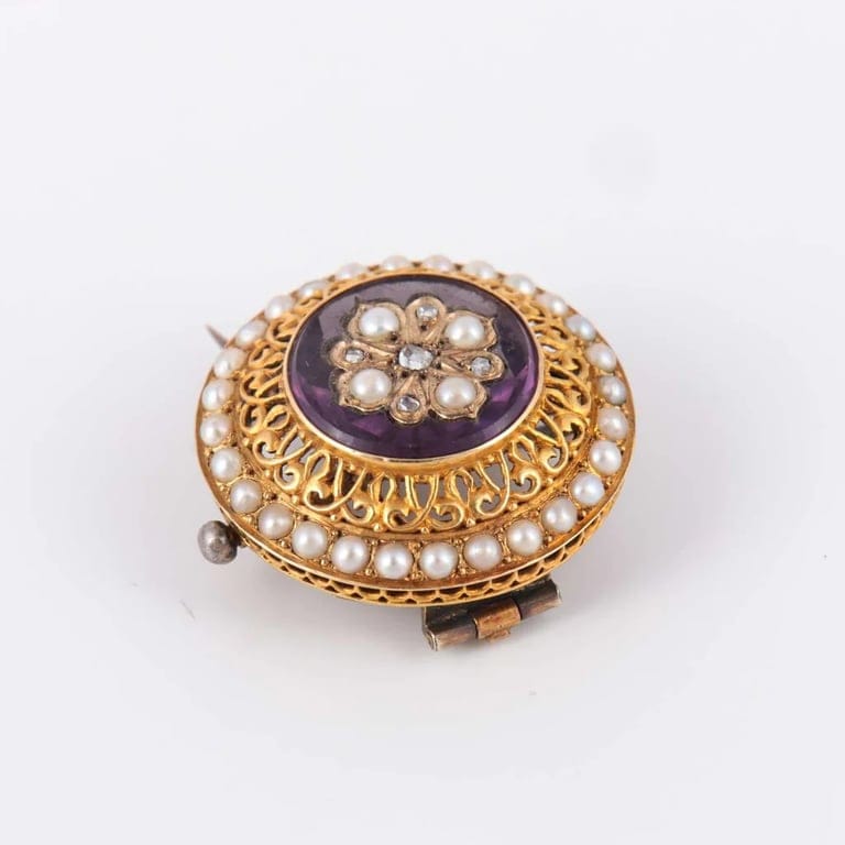 Amethyst Flower Brooch Pearls Diamonds - Image 5