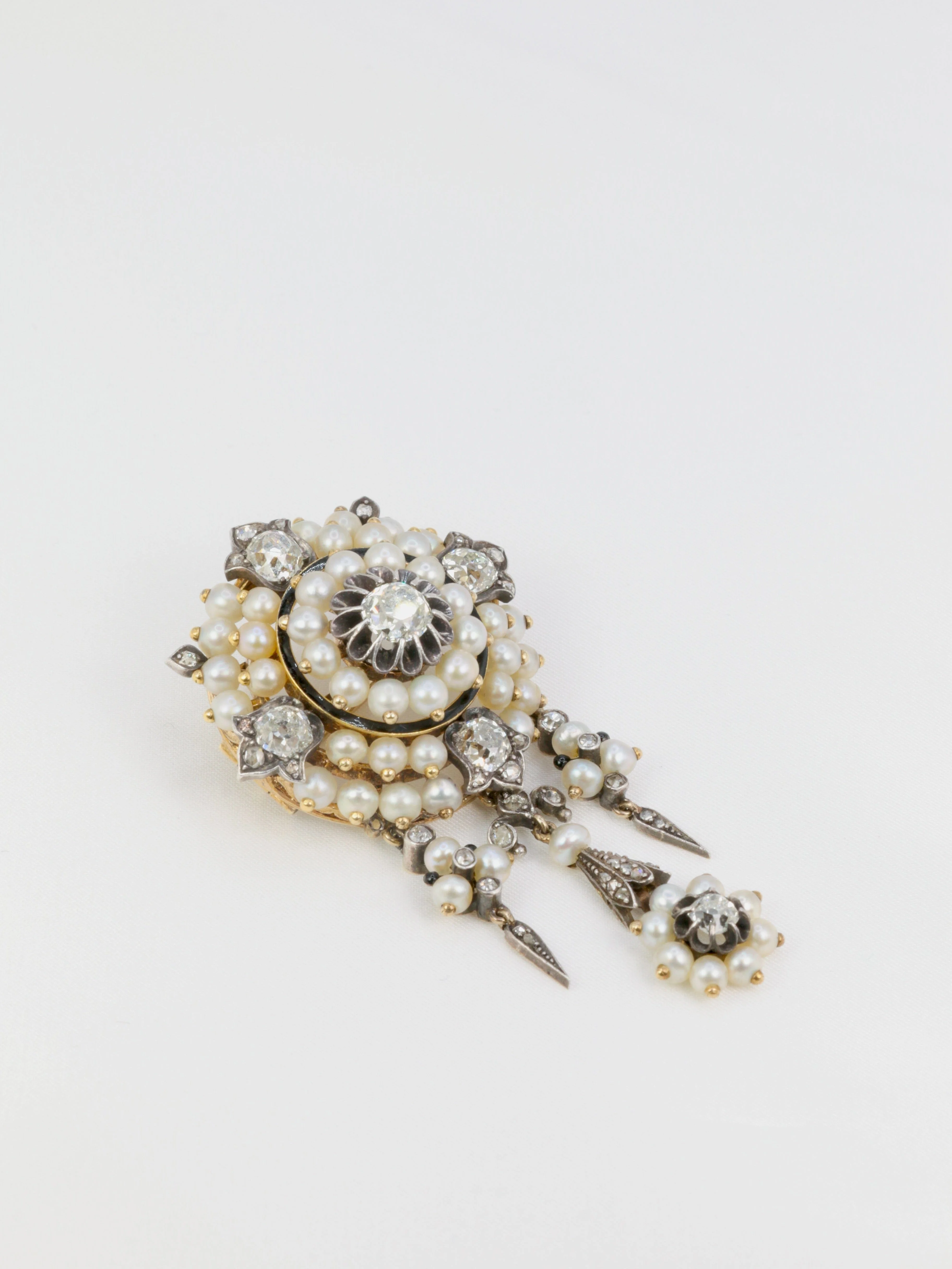 Antique gold garland brooch silver fine pearls old cut diamonds - Image 3