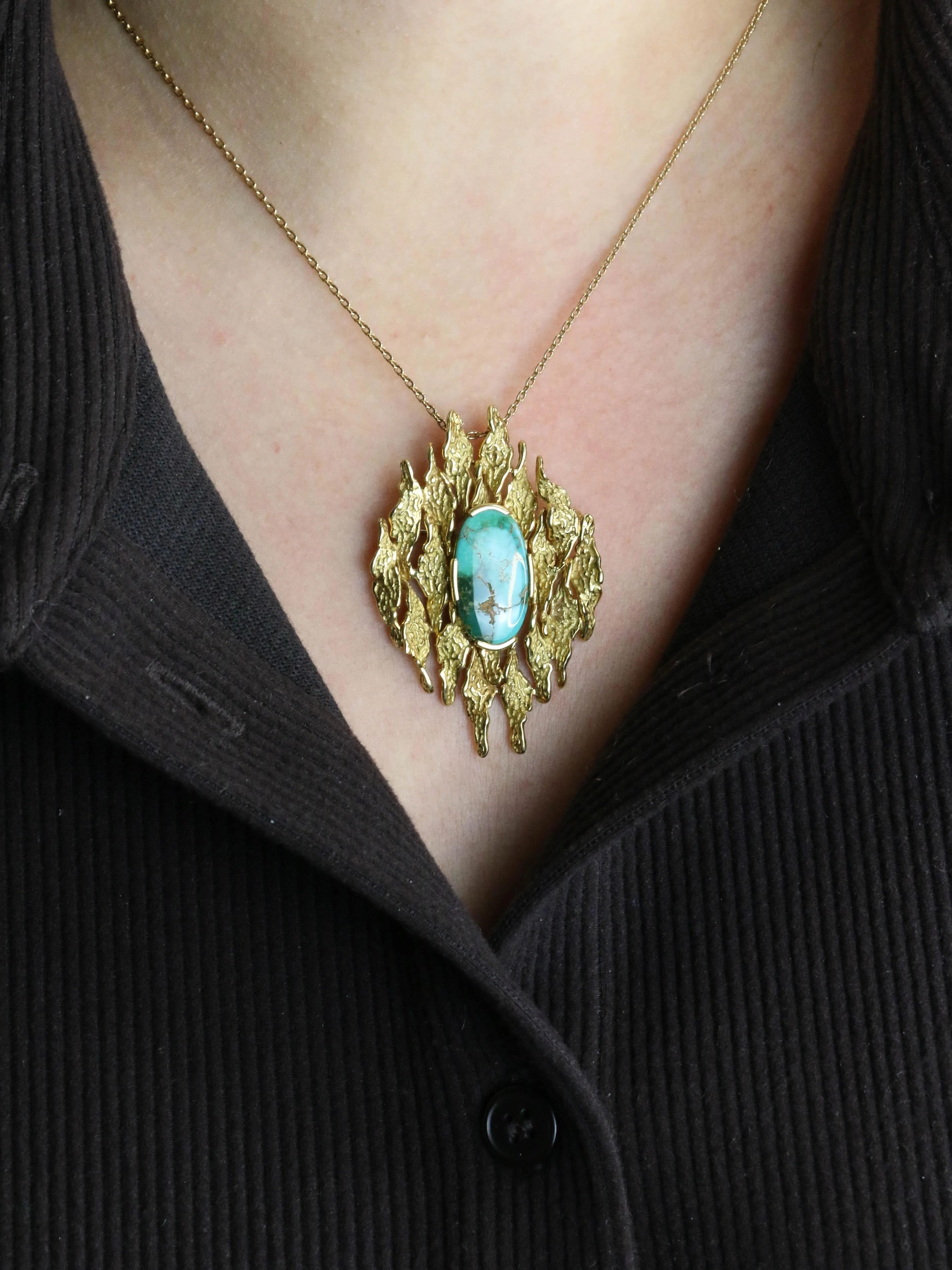 Yellow gold pendant brooch turquoise matrix - Image 2