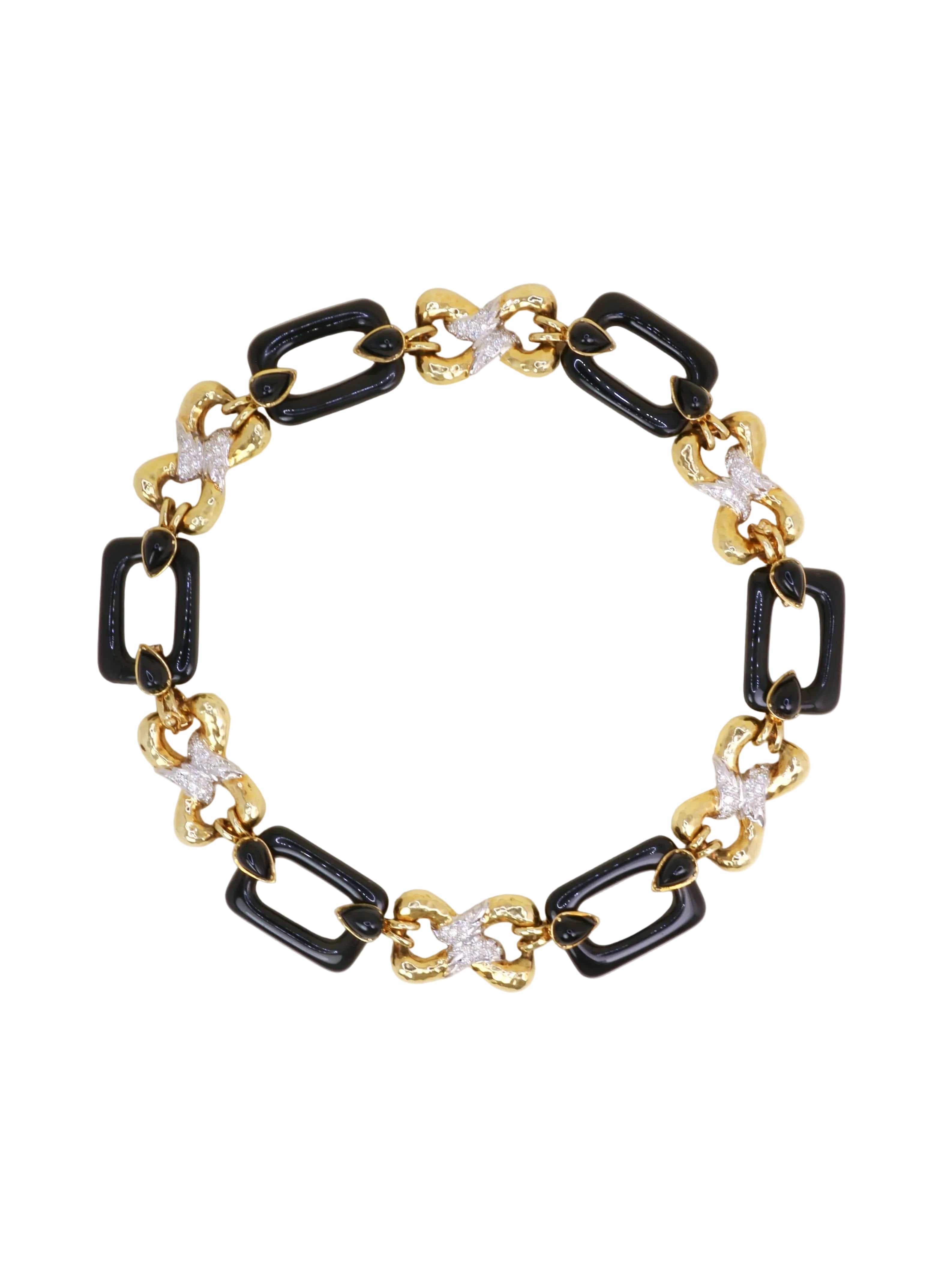 Yellow gold, onyx, and diamond convertible necklace 