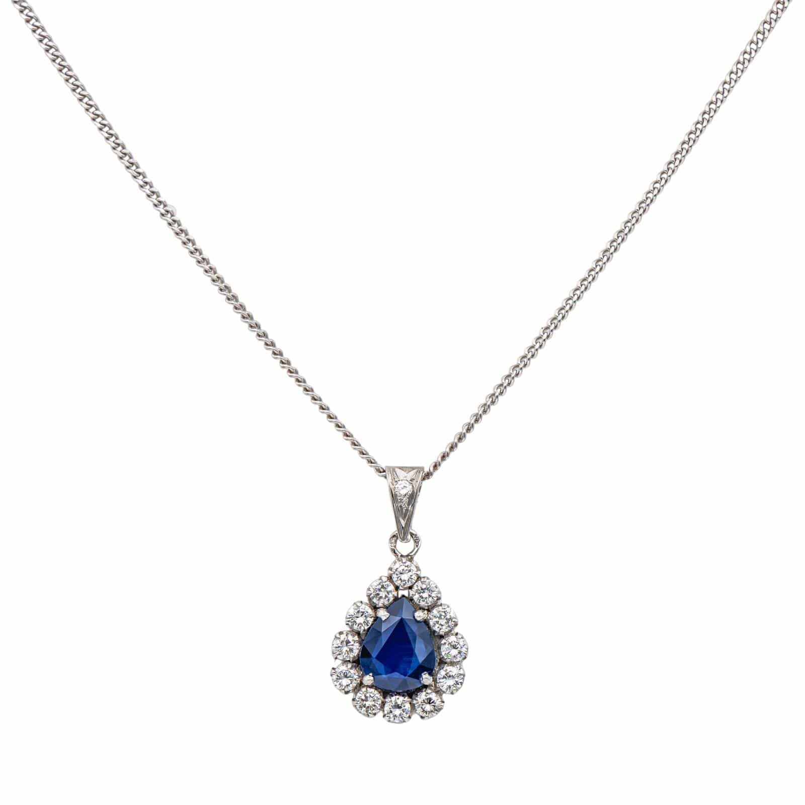 White gold Sapphire, Diamond Pendant Necklace 