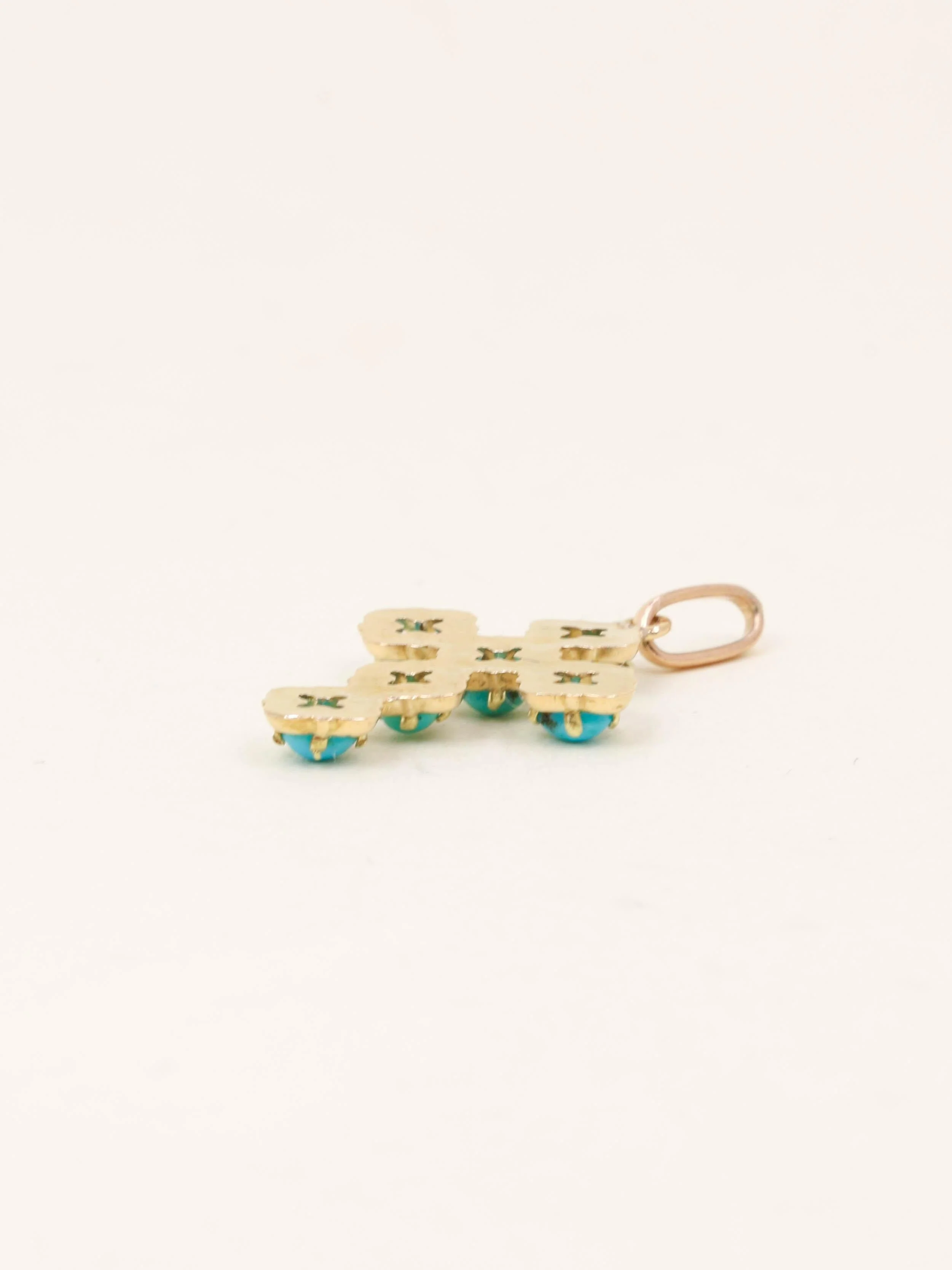Yellow gold cross pendant with turquoise cabochons  - Image 3