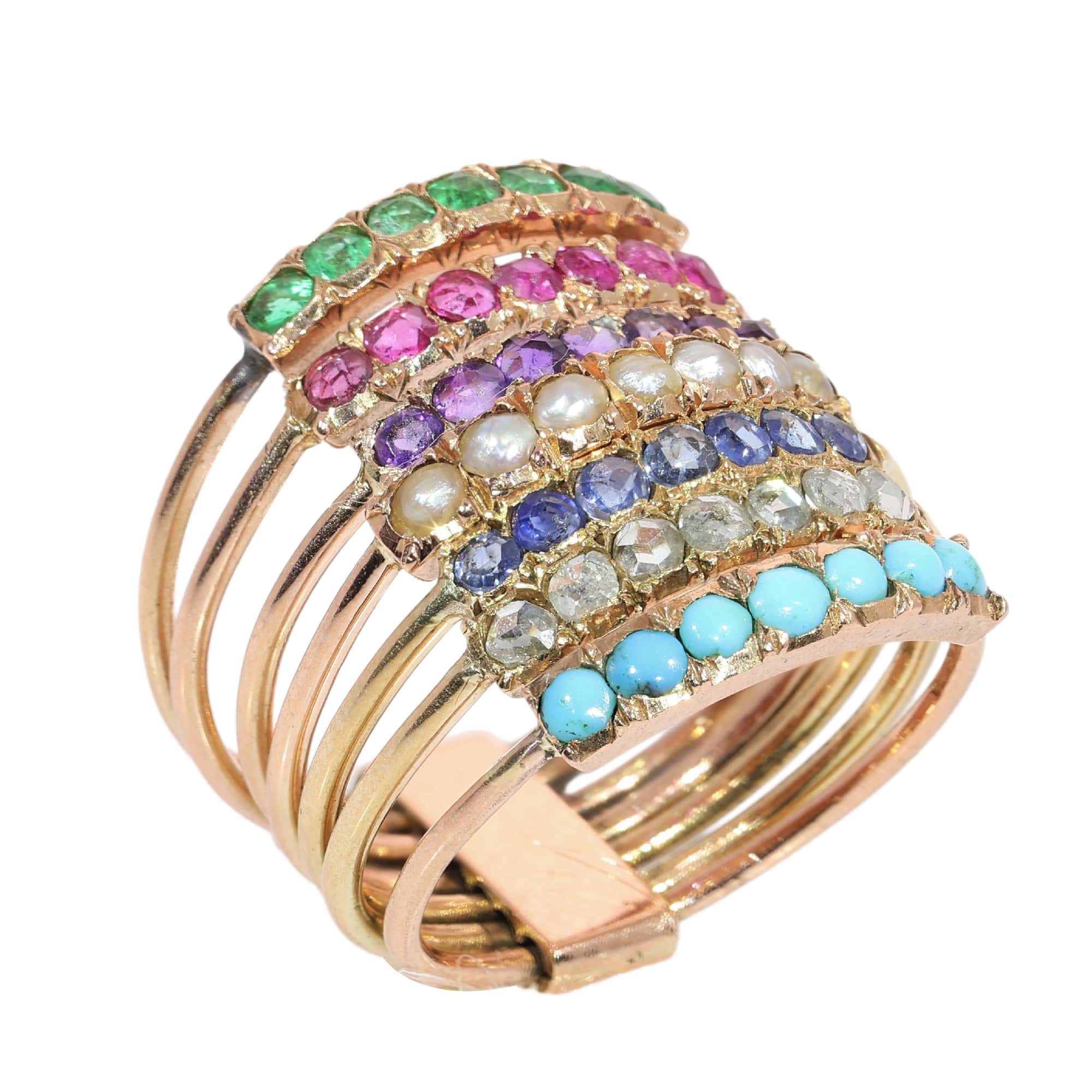 Victorian Harem Ring with Seven Gemstone Bands, circa 1890  - Image 11