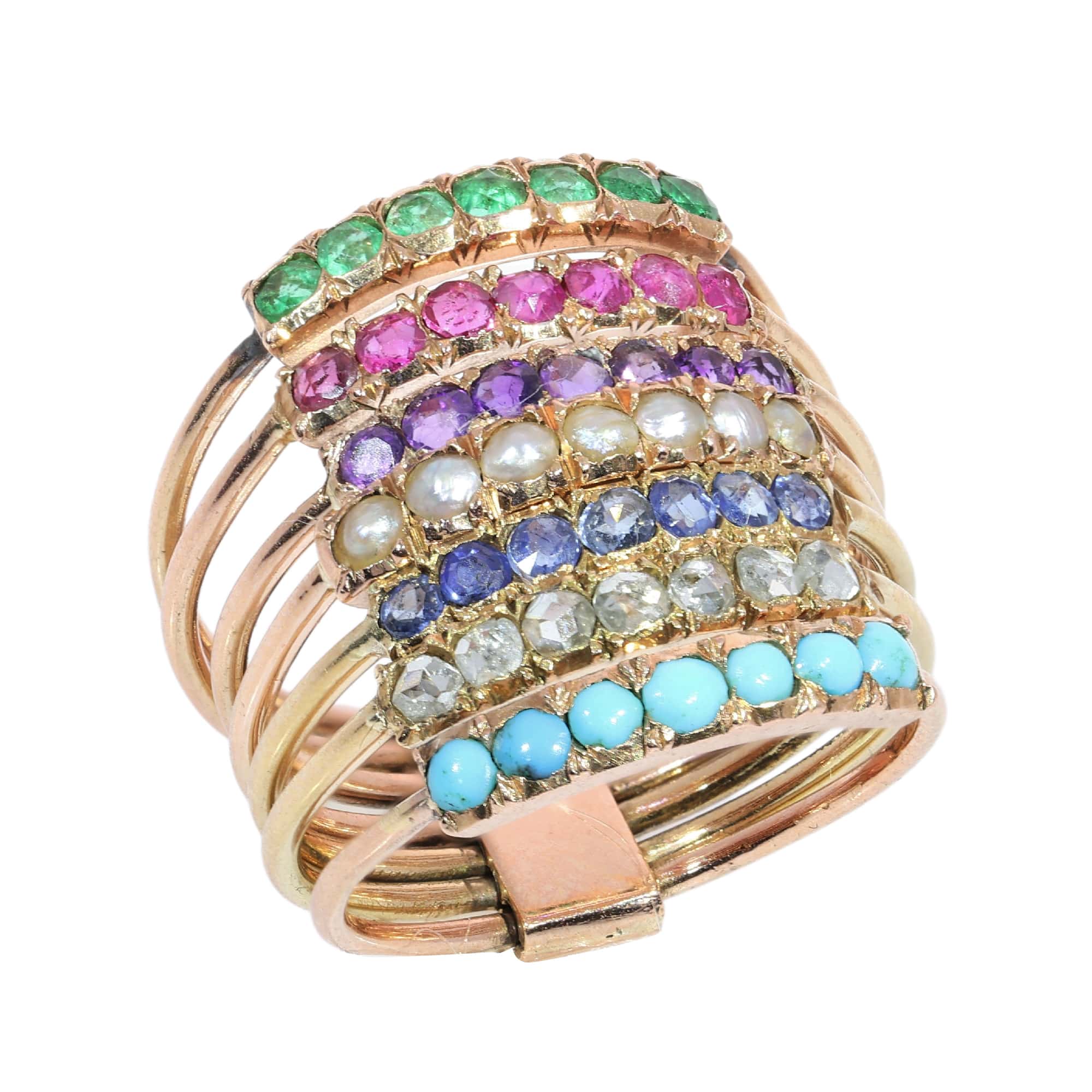 Victorian Harem Ring with Seven Gemstone Bands, circa 1890  - Image 12