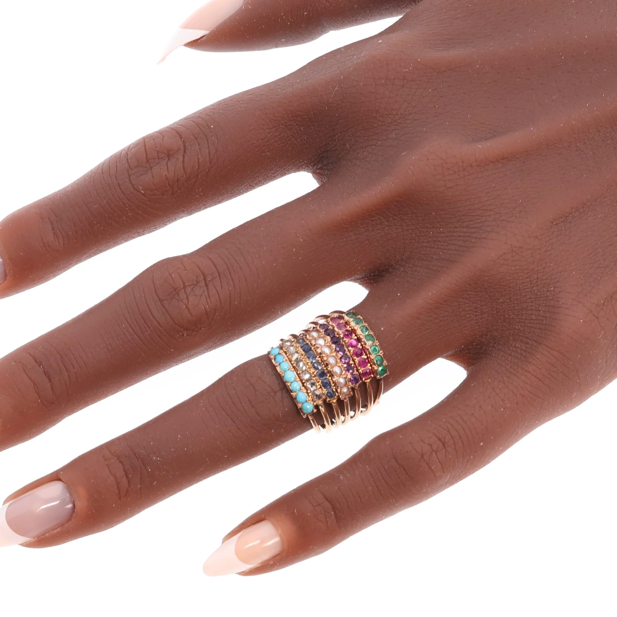 Victorian Harem Ring with Seven Gemstone Bands, circa 1890  - Image 2